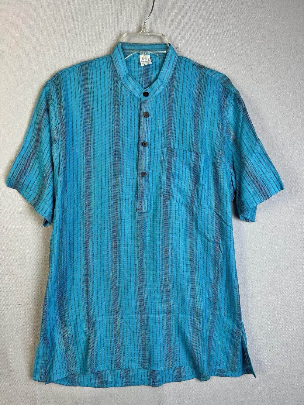 Kurta Shirt Men 42.5 XL Turquoise Stripe Lightweight Band Collar Handloom Mark